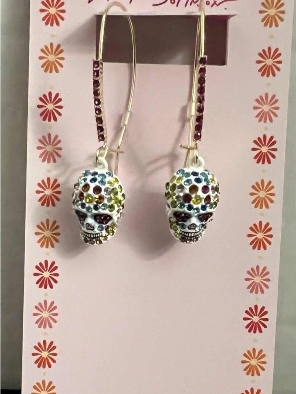 Betsey Johnson White Skull Multicolor Crystal Drop Earrings